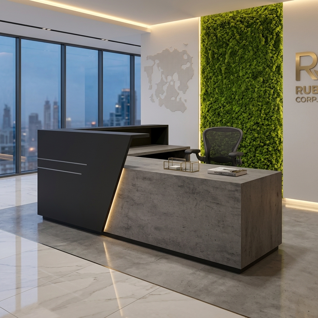 Ruby Reception Table Modern Angled View Dubai Office Concept Furniture - Office Furniture Manufacturer & Supplier in Dubai Ruby Reception Table 3/4 angled view in modern Dubai office lobby