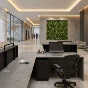Ruby Reception Table Rear Working Storage Pedestal Dubai Office Concept Furniture - Office Furniture Manufacturer & Supplier in Dubai Ruby Reception Table rear view with lockable mobile pedestal and ergonomic office chair Dubai