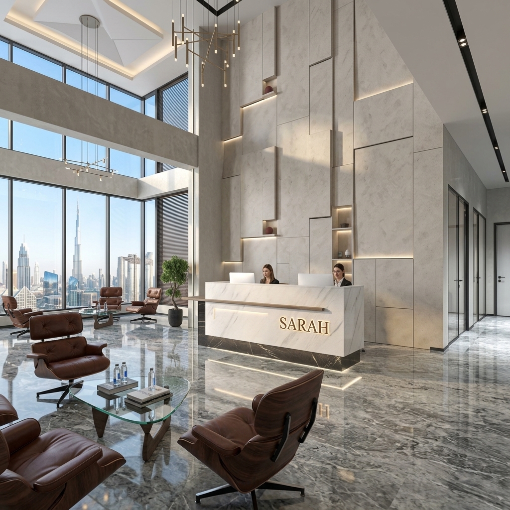 Sarah Reception Counter Executive Dubai Atrium Office Concept Furniture - Office Furniture Manufacturer & Supplier in Dubai Sarah Reception Counter in executive corporate office atrium Dubai UAE
