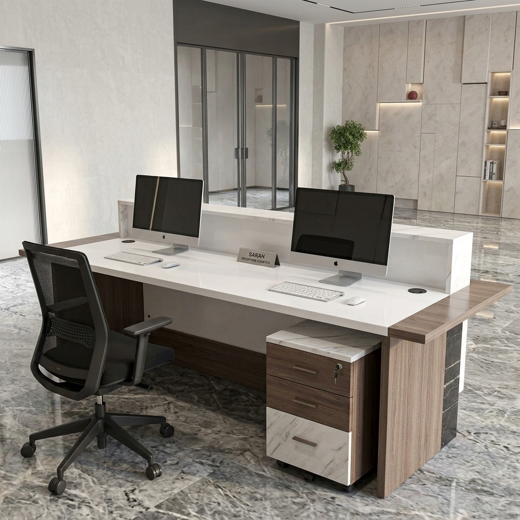 Sarah Reception Desk Rear Working Pedestal Dubai Office Concept Furniture - Office Furniture Manufacturer & Supplier in Dubai Sarah Reception Desk rear view with lockable marble mobile pedestal and task chair Dubai