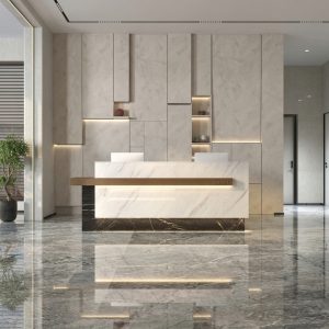 Sarah Reception Table Calacatta Front View Dubai Office Concept Furniture - Office Furniture Manufacturer & Supplier in Dubai Sarah Luxury Calacatta Marble Reception Desk direct front view Dubai