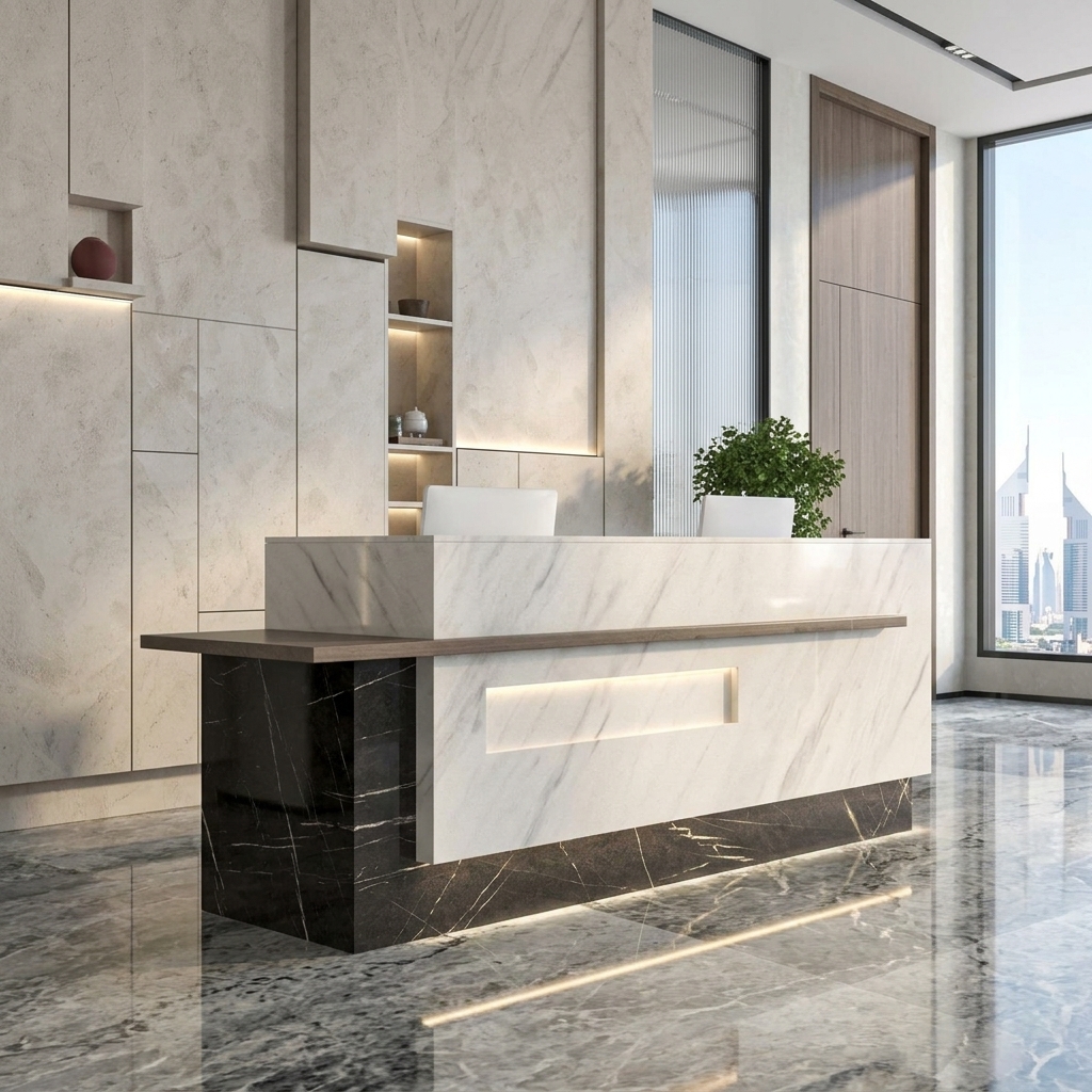 Sarah Reception Table Marble Angled View Dubai Office Concept Furniture - Office Furniture Manufacturer & Supplier in Dubai Sarah Calacatta Marble Reception Table 3/4 angled view with LED underglow Dubai