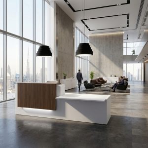 Scarlett Reception Counter in executive corporate office atrium Dubai UAE