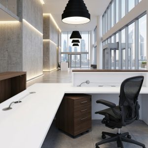 Scarlett Reception Desk rear view with lockable walnut mobile pedestal and task chair Dubai