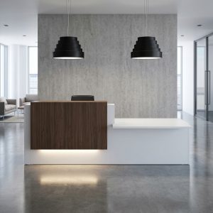 Scarlett Dual Height Reception Desk direct front view with dark walnut finish Dubai