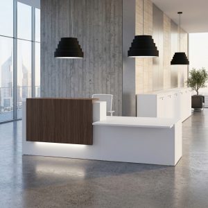 Scarlett Stepped Reception Table 3/4 angled view with dark walnut and LED underglow Dubai