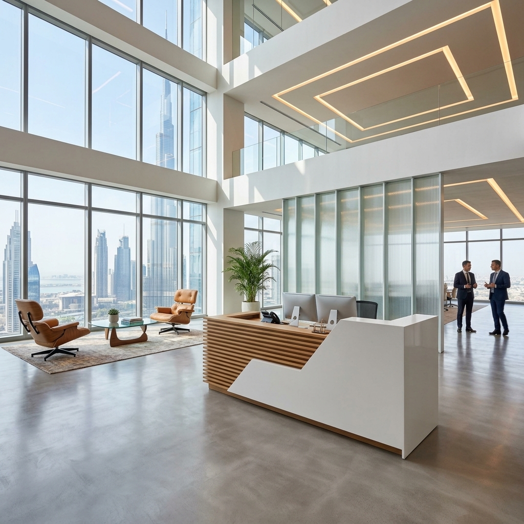 Sofia Reception Counter Executive Dubai Atrium Office Concept Furniture - Office Furniture Manufacturer & Supplier in Dubai Sofia Reception Counter in executive corporate office atrium Dubai UAE