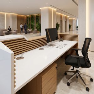 Sofia Reception Desk Rear Working Pedestal Dubai Office Concept Furniture - Office Furniture Manufacturer & Supplier in Dubai Sofia Reception Desk rear view with lockable oak mobile pedestal and task chair Dubai