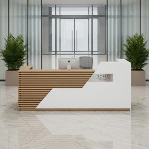 Sofia Reception Table Asymmetrical Front View Dubai Office Concept Furniture - Office Furniture Manufacturer & Supplier in Dubai Sofia Asymmetrical Reception Desk direct front view with horizontal louvers Dubai