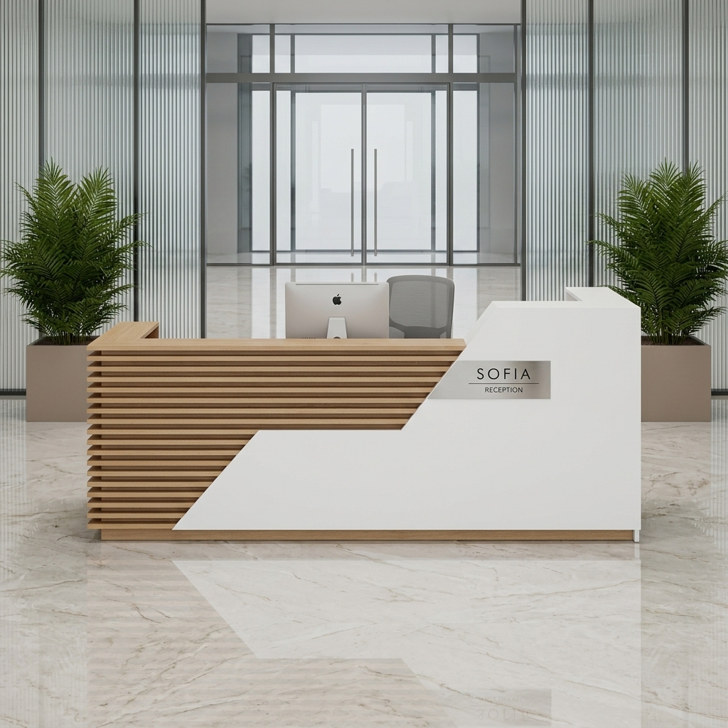 Sofia Reception Table Asymmetrical Front View Dubai Office Concept Furniture - Office Furniture Manufacturer & Supplier in Dubai Sofia Asymmetrical Reception Desk direct front view with horizontal louvers Dubai