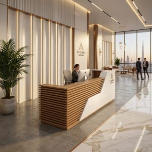 Sofia Modern Reception Table 3/4 angled view with oak slatted panel Dubai