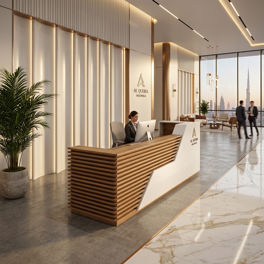 Sofia Reception Table Modern Angled View Dubai Office Concept Furniture - Office Furniture Manufacturer & Supplier in Dubai Sofia Modern Reception Table 3/4 angled view with oak slatted panel Dubai