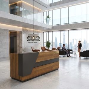 Sophia Reception Counter in executive corporate office atrium Dubai UAE