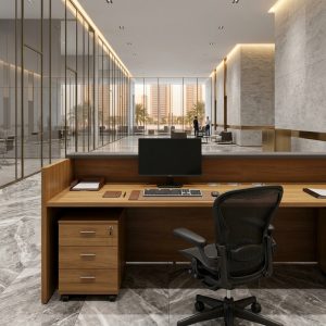 Sophia Reception Desk rear view with lockable oak mobile pedestal and task chair Dubai