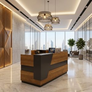 Sophia Modern Reception Table 3/4 angled view with charcoal accent panel Dubai