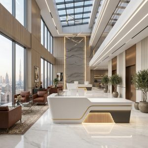 Stella Reception Counter Executive Dubai Atrium Office Concept Furniture - Office Furniture Manufacturer & Supplier in Dubai Stella Reception Counter in executive corporate office atrium Dubai UAE