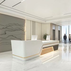 Stella Curved Reception Table 3/4 angled view with backlit timber slats Dubai