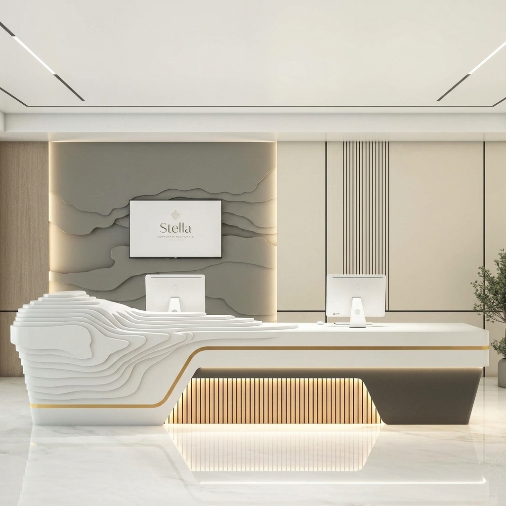 Stella Reception Table Futuristic Front View Dubai Office Concept Furniture - Office Furniture Manufacturer & Supplier in Dubai Stella Futuristic Reception Desk direct front view with gold trim Dubai