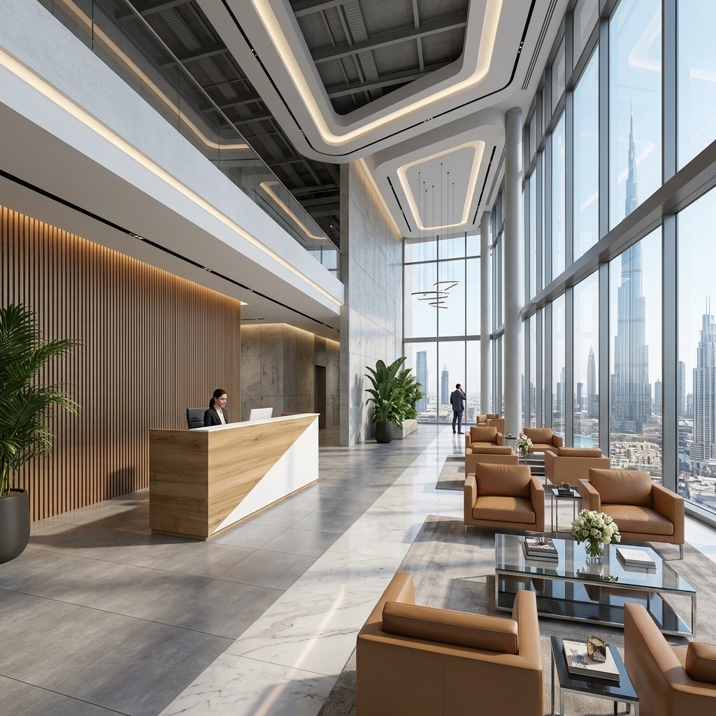 Victoria Reception Counter Executive Dubai Atrium Office Concept Furniture - Office Furniture Manufacturer & Supplier in Dubai Victoria Reception Counter in executive corporate office atrium Dubai UAE