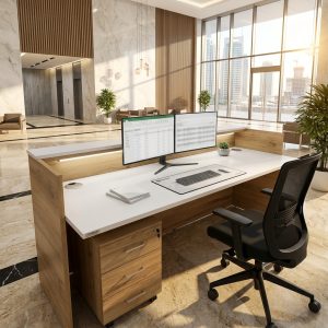 Victoria Reception Desk Rear Working Pedestal Dubai Office Concept Furniture - Office Furniture Manufacturer & Supplier in Dubai Victoria Reception Desk rear view with lockable oak mobile pedestal and task chair Dubai