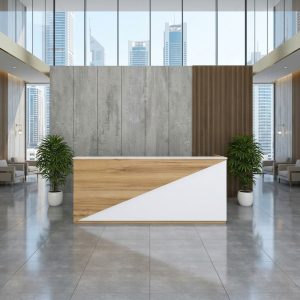 Victoria Reception Table Geometric Front View Dubai Office Concept Furniture - Office Furniture Manufacturer & Supplier in Dubai Victoria Geometric Reception Desk direct front view diagonal oak split Dubai