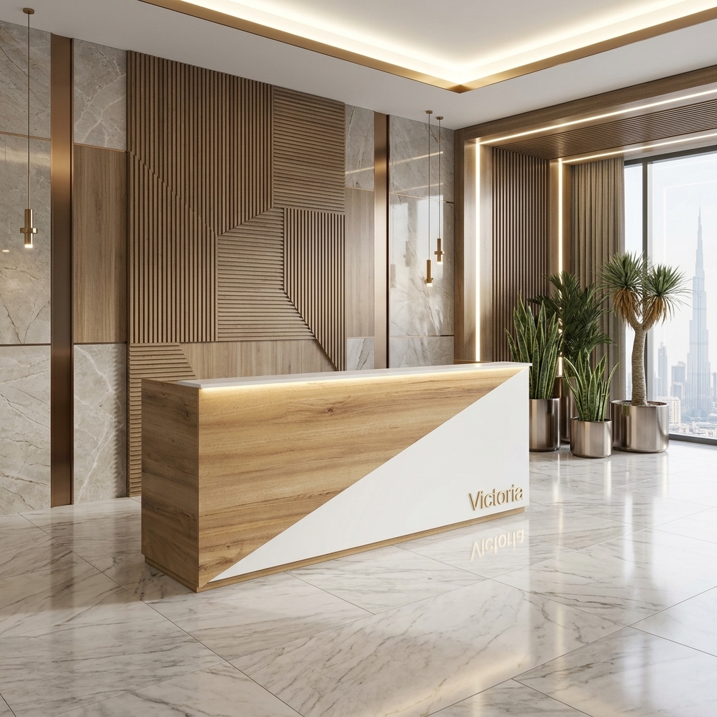 Victoria Reception Table Modern Angled View Dubai Office Concept Furniture - Office Furniture Manufacturer & Supplier in Dubai Victoria Modern Reception Table 3/4 angled view two tone oak and white Dubai