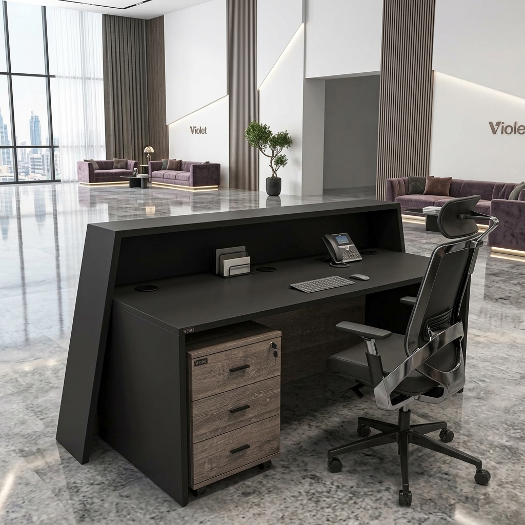 Violet Reception Desk Rear Working Pedestal Dubai Office Concept Furniture - Office Furniture Manufacturer & Supplier in Dubai Violet Reception Desk rear view with lockable mobile pedestal and task chair Dubai