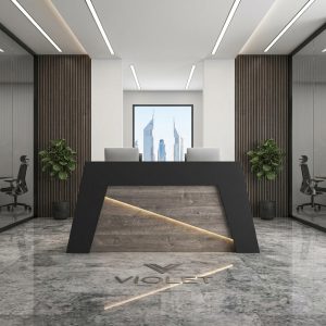 Violet Reception Table Geometric Front View Dubai Office Concept Furniture - Office Furniture Manufacturer & Supplier in Dubai Violet Geometric Reception Desk direct front view with LED light strip Dubai