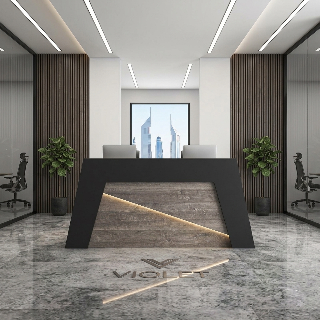 Violet Reception Table Geometric Front View Dubai Office Concept Furniture - Office Furniture Manufacturer & Supplier in Dubai Violet Geometric Reception Desk direct front view with LED light strip Dubai