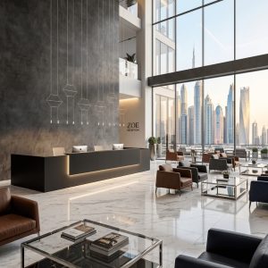 Zoe Reception Counter Luxury Dubai Atrium Office Concept Furniture - Office Furniture Manufacturer & Supplier in Dubai Zoe Reception Counter in prestigious Dubai corporate atrium with executive lounge