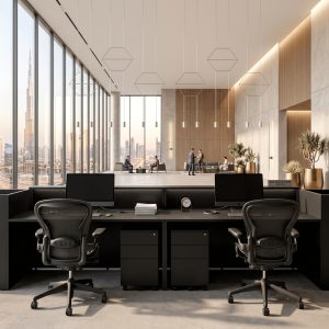Zoe Reception Desk Rear Dual Workspace Dubai Office Concept Furniture - Office Furniture Manufacturer & Supplier in Dubai Zoe Reception Desk rear view with dual lockable mobile pedestals and mesh chairs Dubai