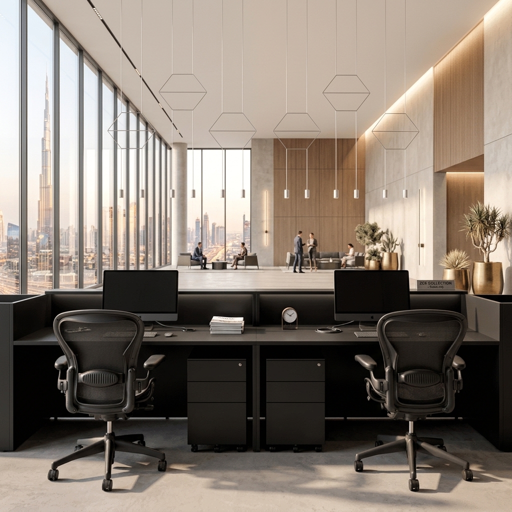 Zoe Reception Desk Rear Dual Workspace Dubai Office Concept Furniture - Office Furniture Manufacturer & Supplier in Dubai Zoe Reception Desk rear view with dual lockable mobile pedestals and mesh chairs Dubai
