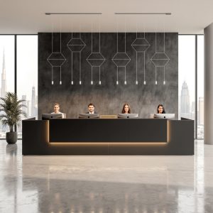 Zoe Reception Table Executive Front View Dubai Office Concept Furniture - Office Furniture Manufacturer & Supplier in Dubai Zoe Executive Reception Table direct front view with warm LED glow Dubai