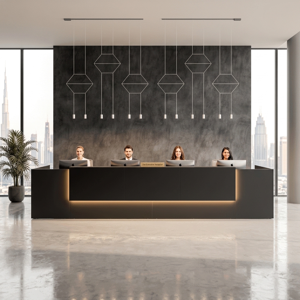 Zoe Reception Table Executive Front View Dubai Office Concept Furniture - Office Furniture Manufacturer & Supplier in Dubai Zoe Executive Reception Table direct front view with warm LED glow Dubai